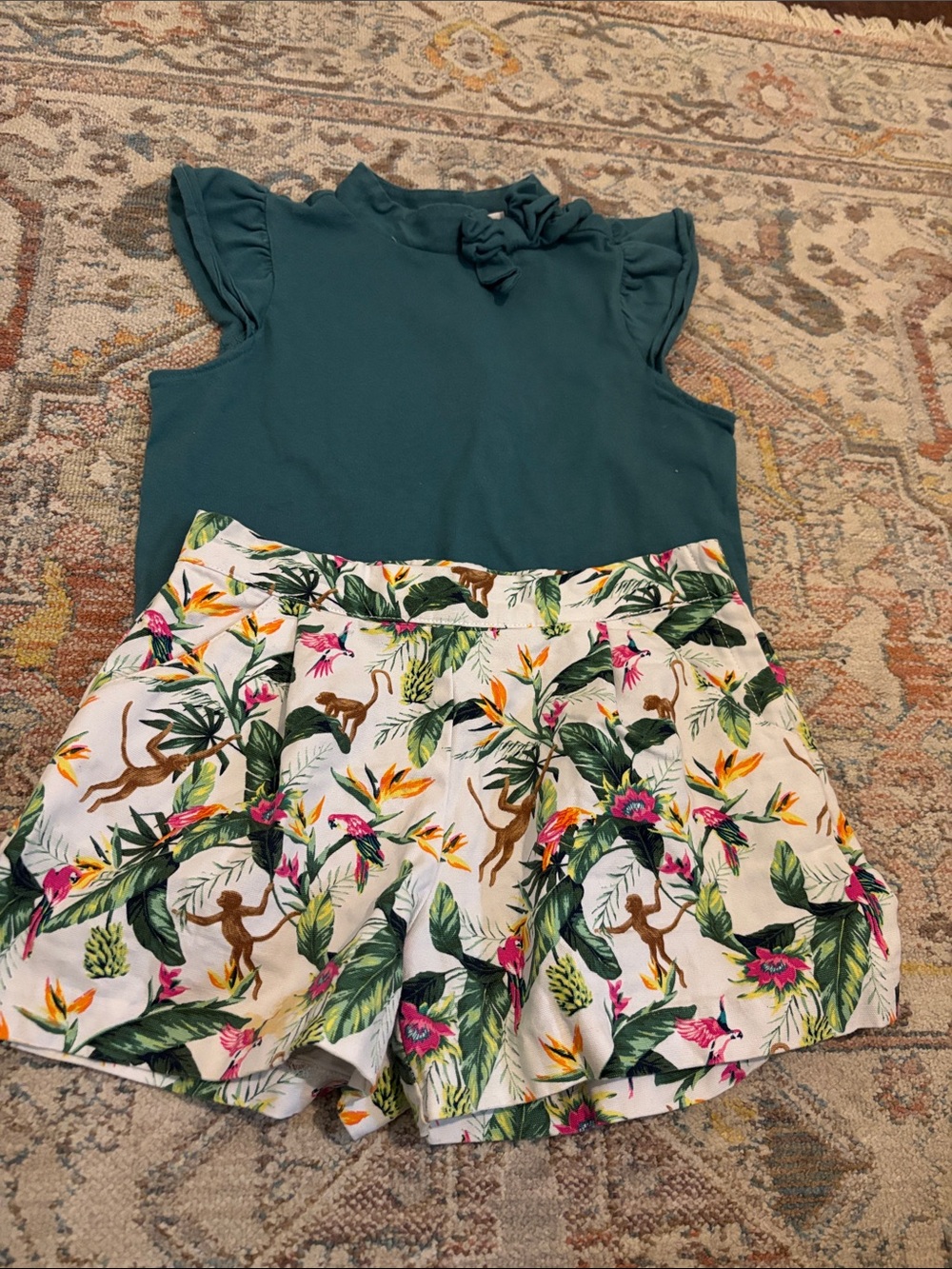 Janie and Jack Tropical Monkey Print Shorts in White with Green Accents